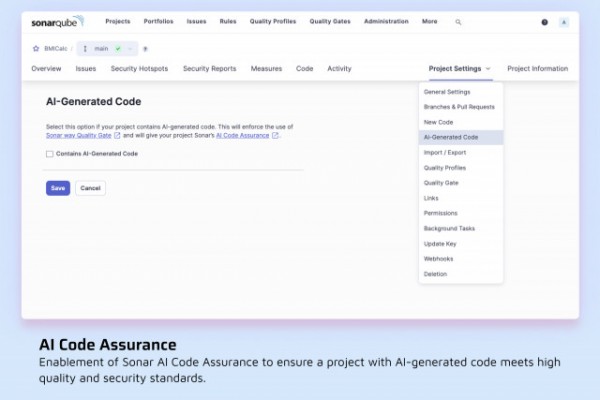 Enablement of Sonar AI Code Assurance to ensure a project with AI-generated code meets high quality and security standards. (Photo: Business Wire)